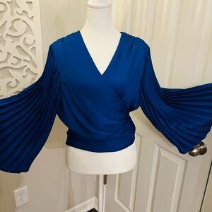Ava & Aiden Blue Wrap Blouse with Long Accordion sleeves  Bow tie in back/front